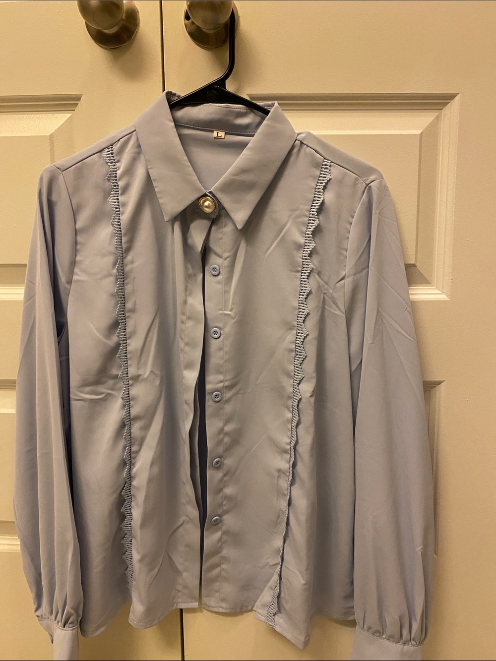 Blue Long-sleeve button shirt with Ruffle Trims